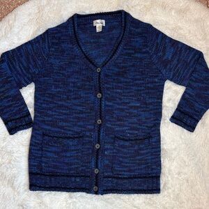 Joau Bass Hand-knit Blue Marbled Acrylic Wool Cardigan Sweater Size Large